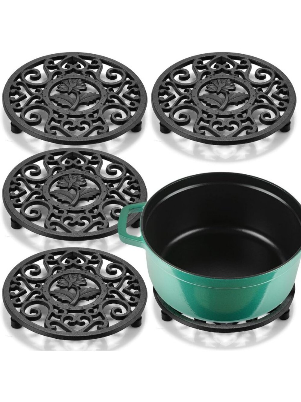 Set of 4 Round Cast Iron Trivets - 5.2 Inch Hot Pot Holders, Durable & Stylish